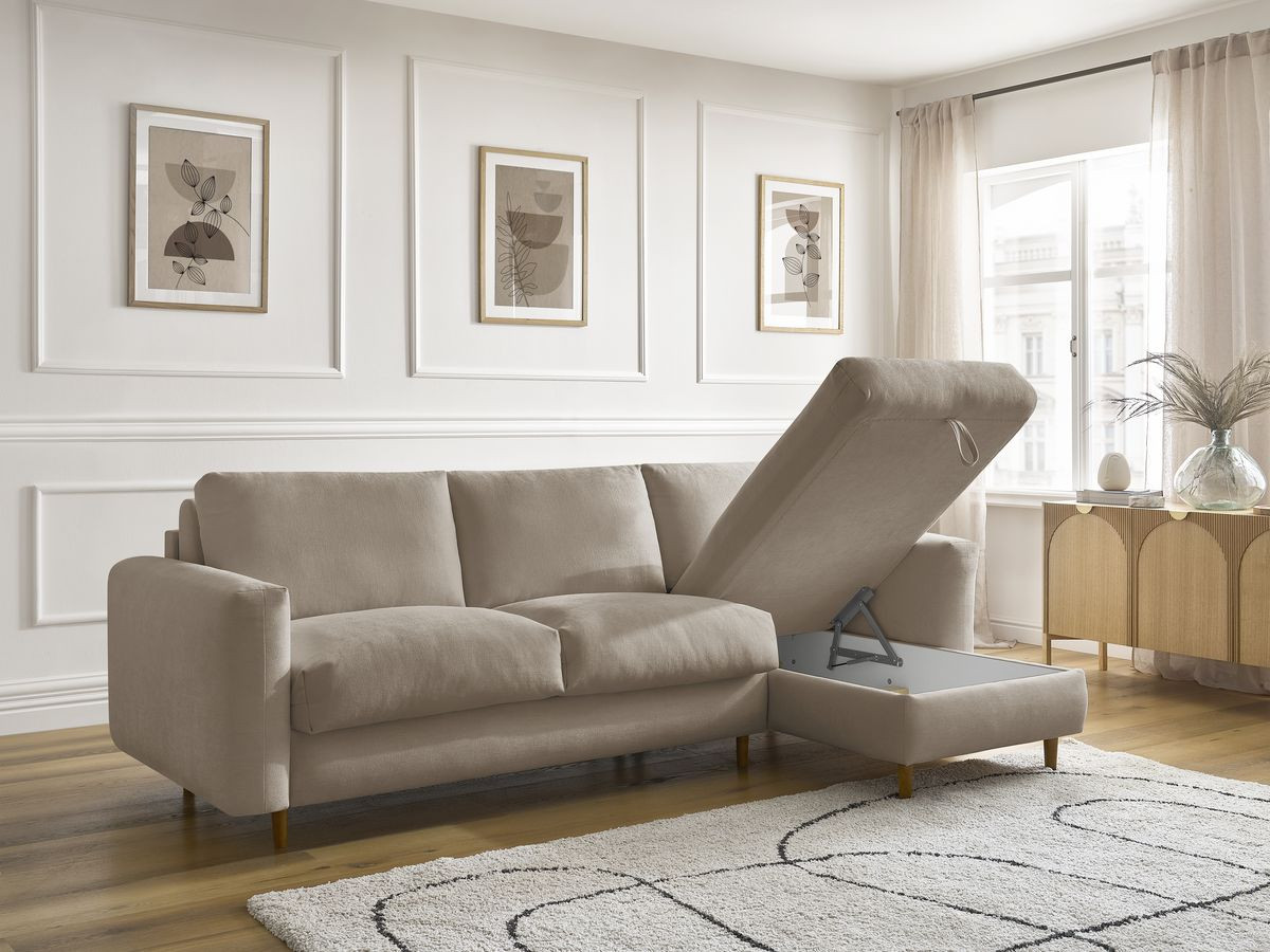 Bobochic Cocoone Ecksofa mit Schlaffunktion und Bettkasten Stoff Taupe, Liegefläche 140 × 200 cm