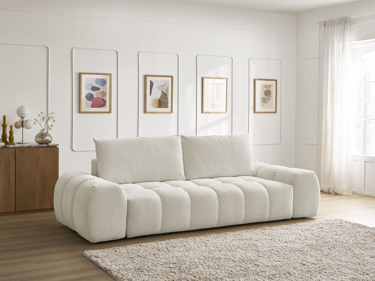 Bobochic Everest Schlafsofa 3-Sitzer mit Bettkasten, 2 Kissen Melange-Stoff Weiß