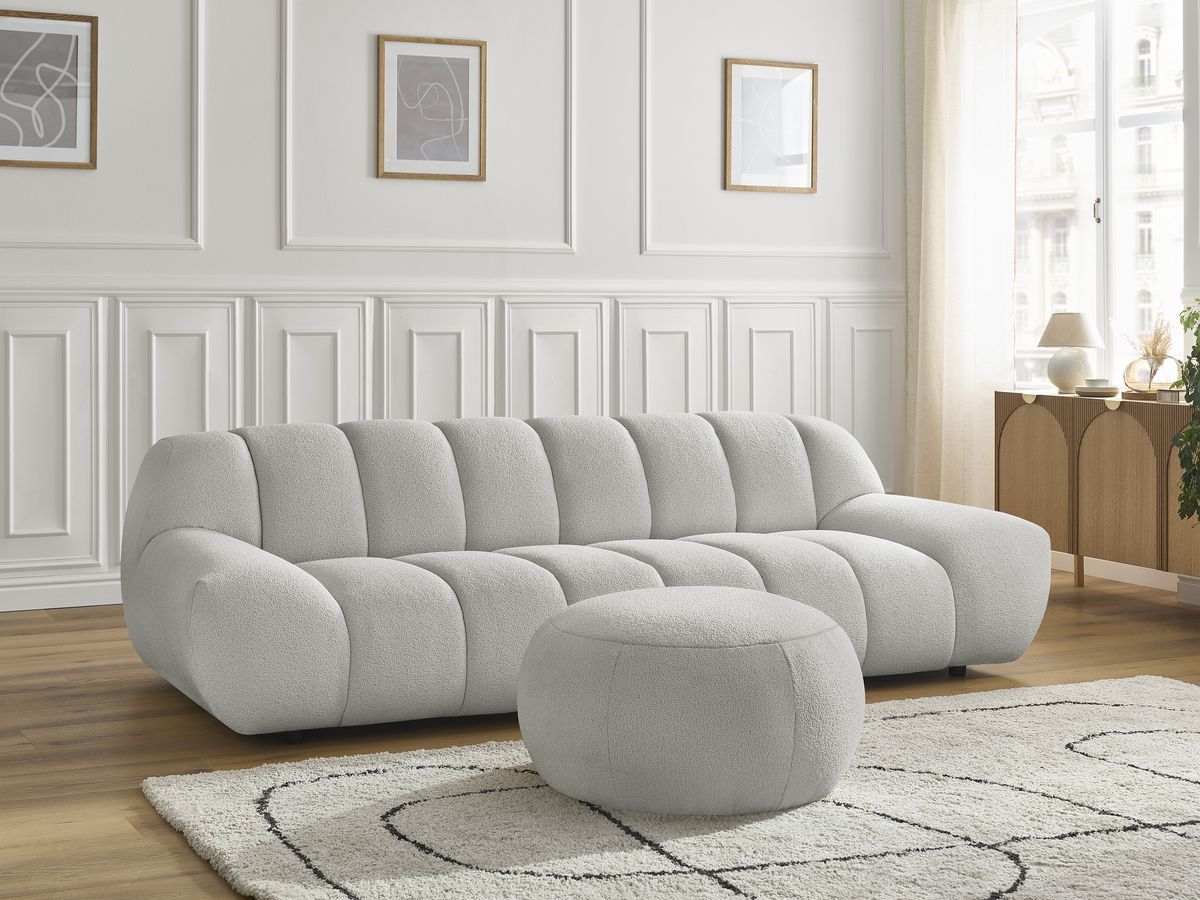 Bobochic Hayden Sofa 4-Sitzer mit Pouf Bouclé-Stoff Hellgrau