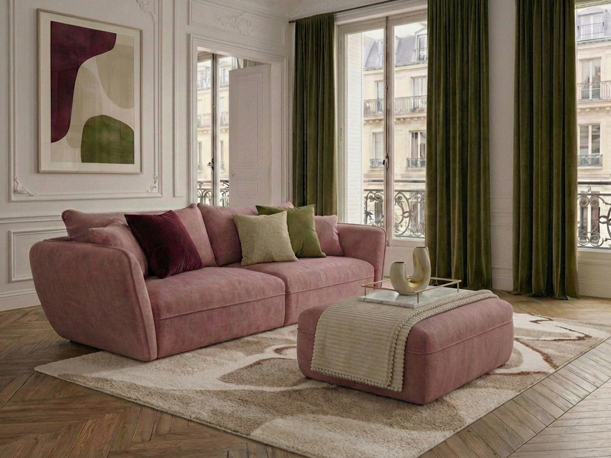 Bobochic Luigi Sofa 3-Sitzer mit Pouf Strukturstoff Rosa