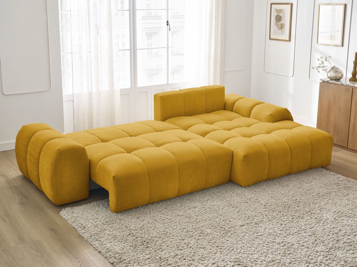 Bobochic Everest Ecksofa mit Schlaffunktion und Bettkasten 318 × 180 cm, 3 Kissen Strukturstoff Gelb Ecke rechts