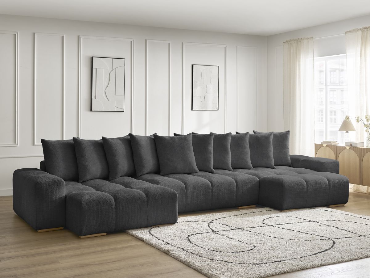 Bobochic Anakin Wohnlandschaft, Liegefläche 137 × 382 cm, 10 Kissen Strukturstoff Schwarz