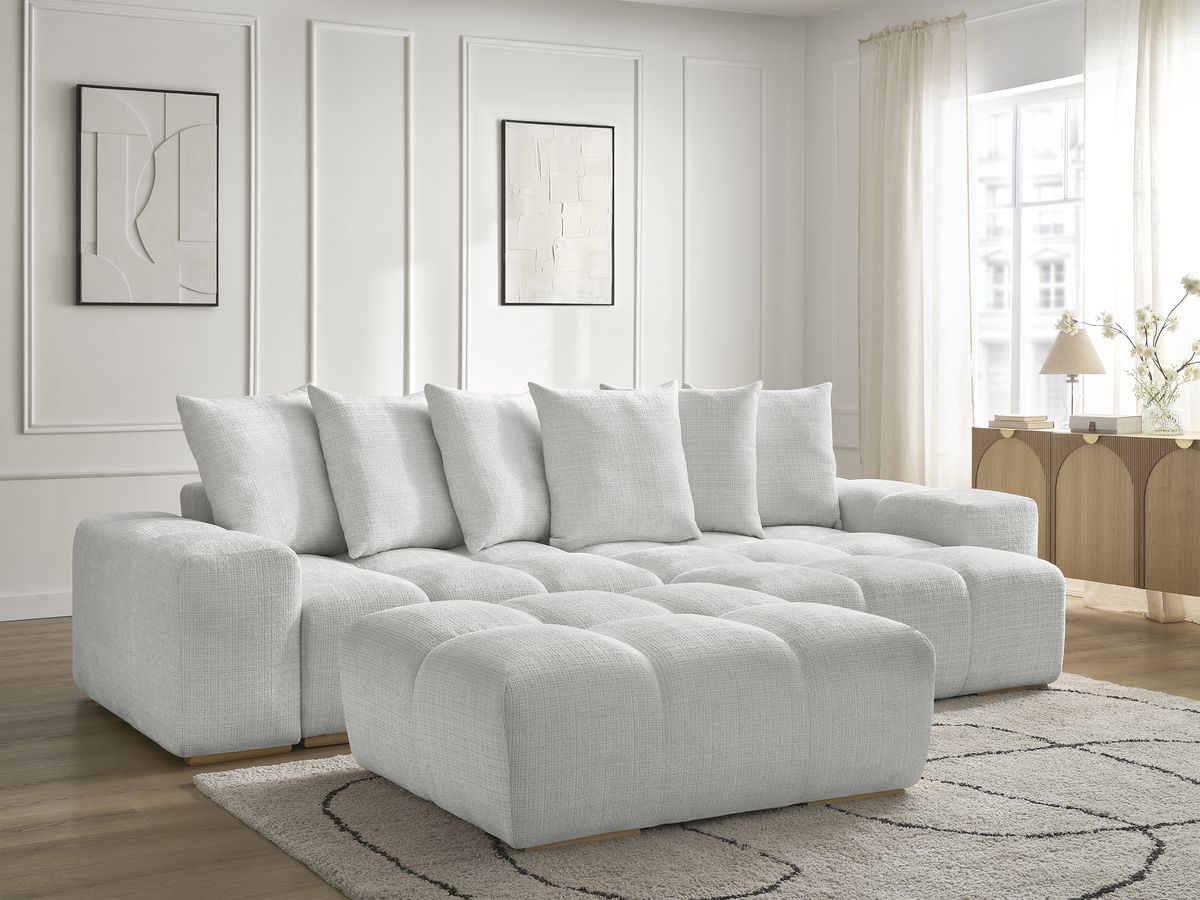 Bobochic Anakin Ecksofa mit Schlaffunktion und Bettkasten und Pouf, 6 Kissen Strukturstoff Hellgrau