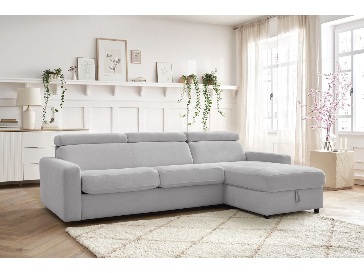 Bobochic Monaco Ecksofa mit Schlaffunktion und Bettkasten Stoff Hellgrau, Liegefläche 140 × 190 cm