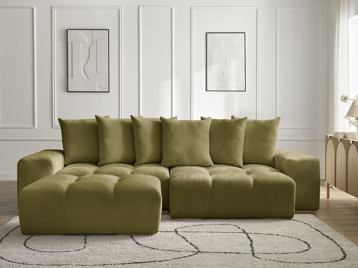 Bobochic Anakin Ecksofa mit Schlaffunktion und Bettkasten und Pouf, 6 Kissen Strukturstoff Grün