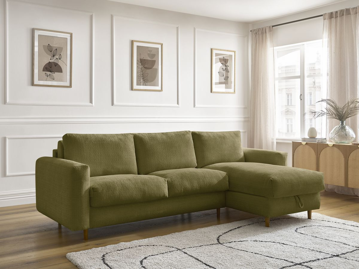 Bobochic Cocoone Ecksofa mit Schlaffunktion und Bettkasten Strukturstoff Grün, Liegefläche 140 × 200 cm
