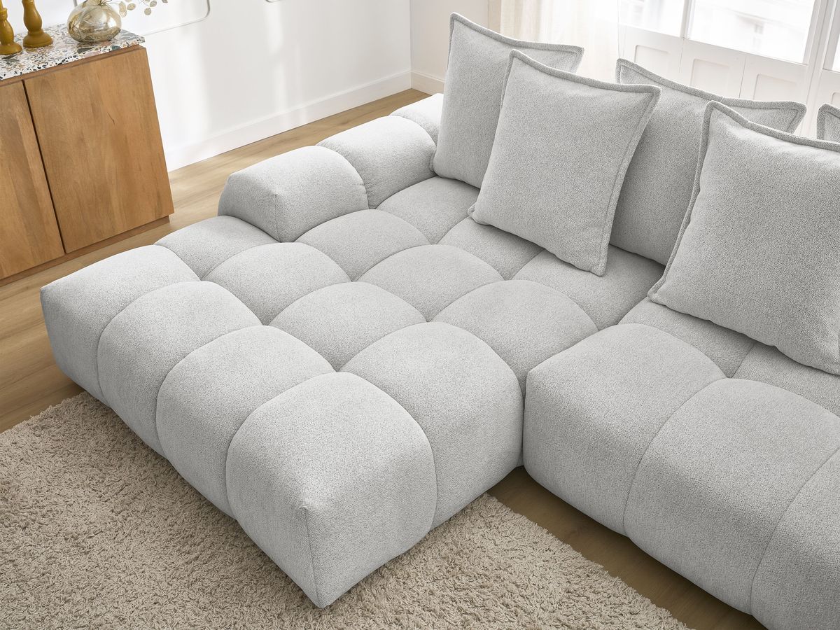 Bobochic Everest Ecksofa mit Schlaffunktion und Bettkasten 318 × 180 cm, 7 Kissen Melange-Stoff Hellgrau Ecke links