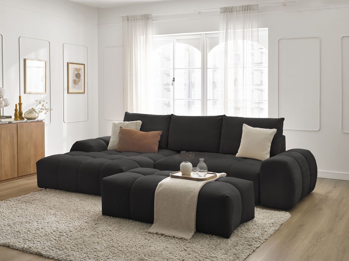 Bobochic Everest Ecksofa mit Schlaffunktion und Bettkasten und Pouf 318 × 180 cm, 3 Kissen Strukturstoff Schwarz Ecke links