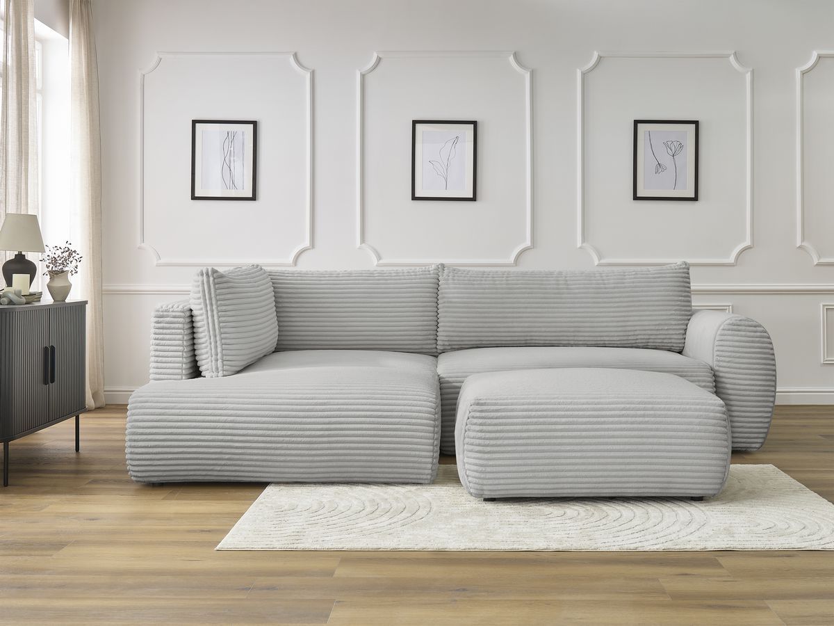 Bobochic Lucien Ecksofa mit Schlaffunktion und Bettkasten und Pouf 296 × 198 cm Breitcord weich Hellgrau Ecke links