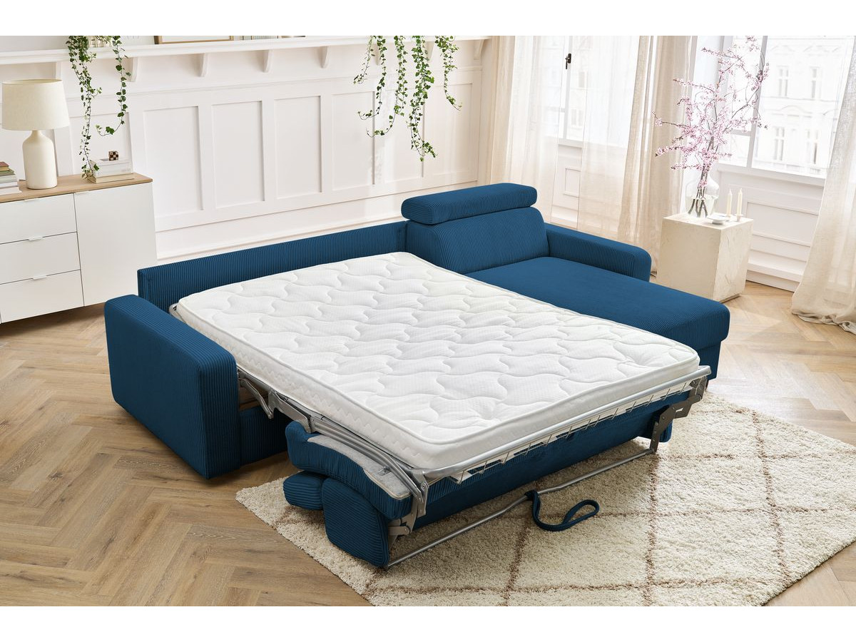 Bobochic Monaco Ecksofa mit Schlaffunktion und Bettkasten Cordsamt Dunkelblau, Liegefläche 140 × 190 cm