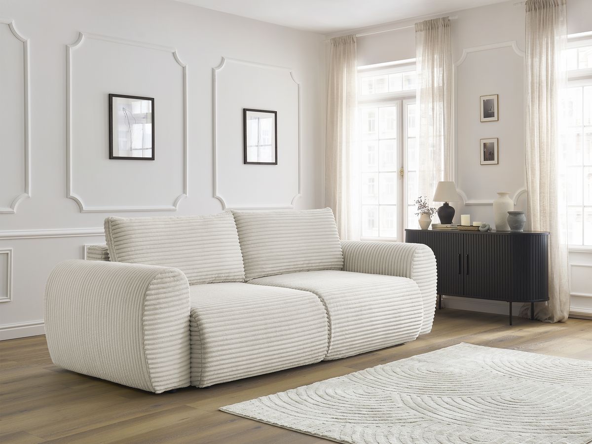 Bobochic Lucien Schlafsofa 3-Sitzer mit Bettkasten Breitcord weich Beige