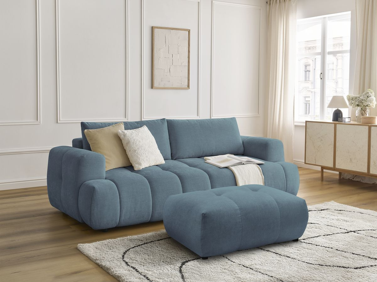 Bobochic Fuji Schlafsofa 3-Sitzer mit Bettkasten und Pouf Stoff Hellblau