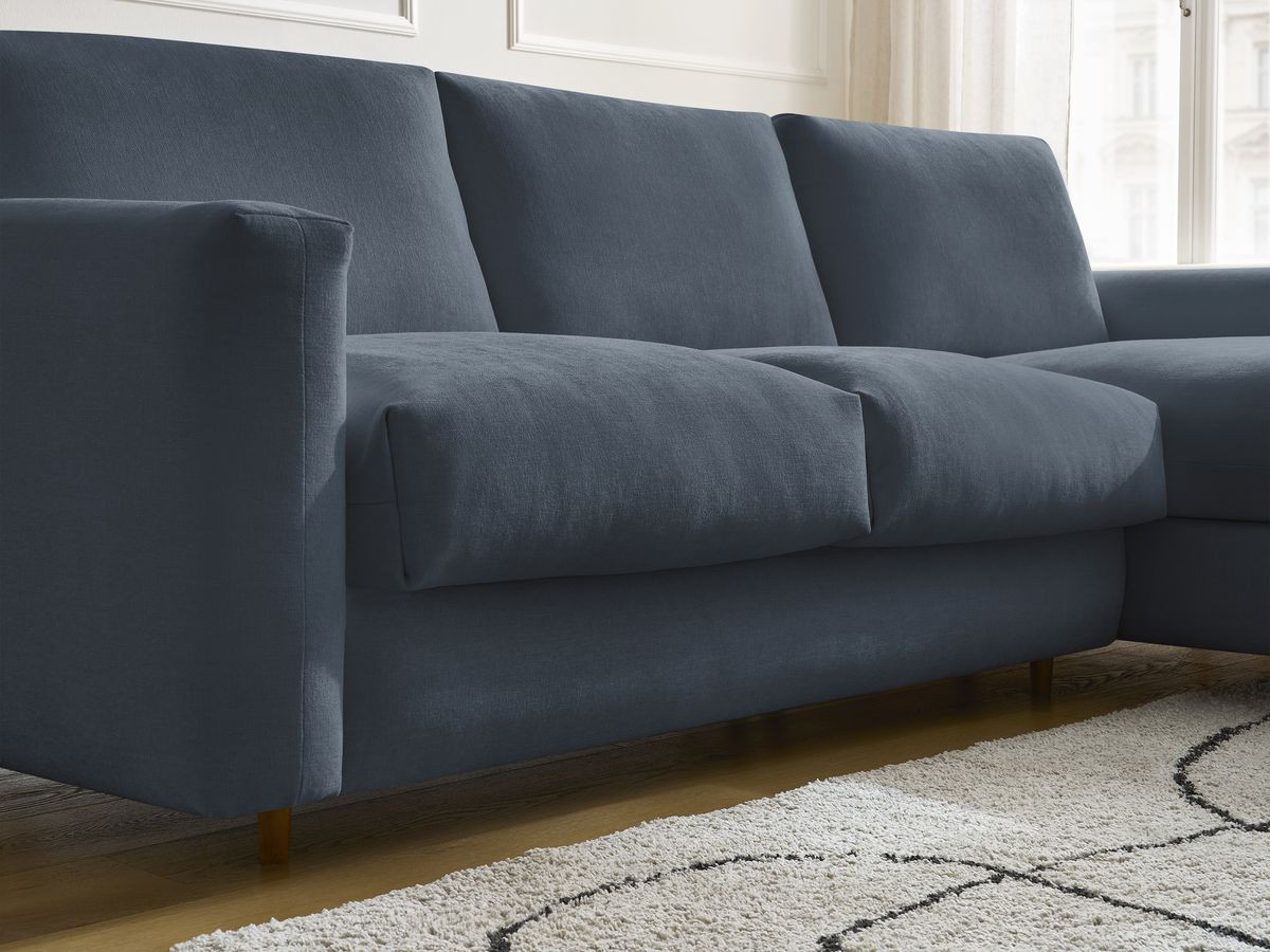 Bobochic Cocoone Ecksofa mit Schlaffunktion und Bettkasten Stoff Dunkelblau, Liegefläche 160 × 200 cm