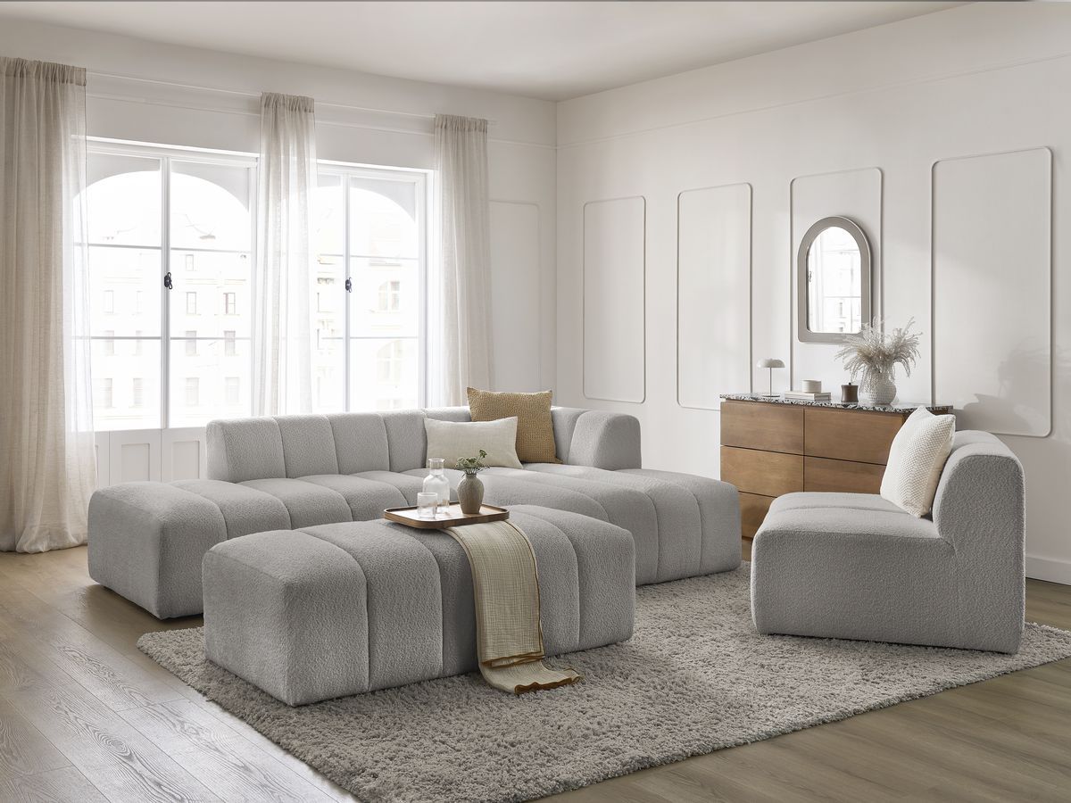 Bobochic Annecy Ecksofa mit Sofamodul und Pouf Bouclé-Stoff Hellgrau Ecke rechts
