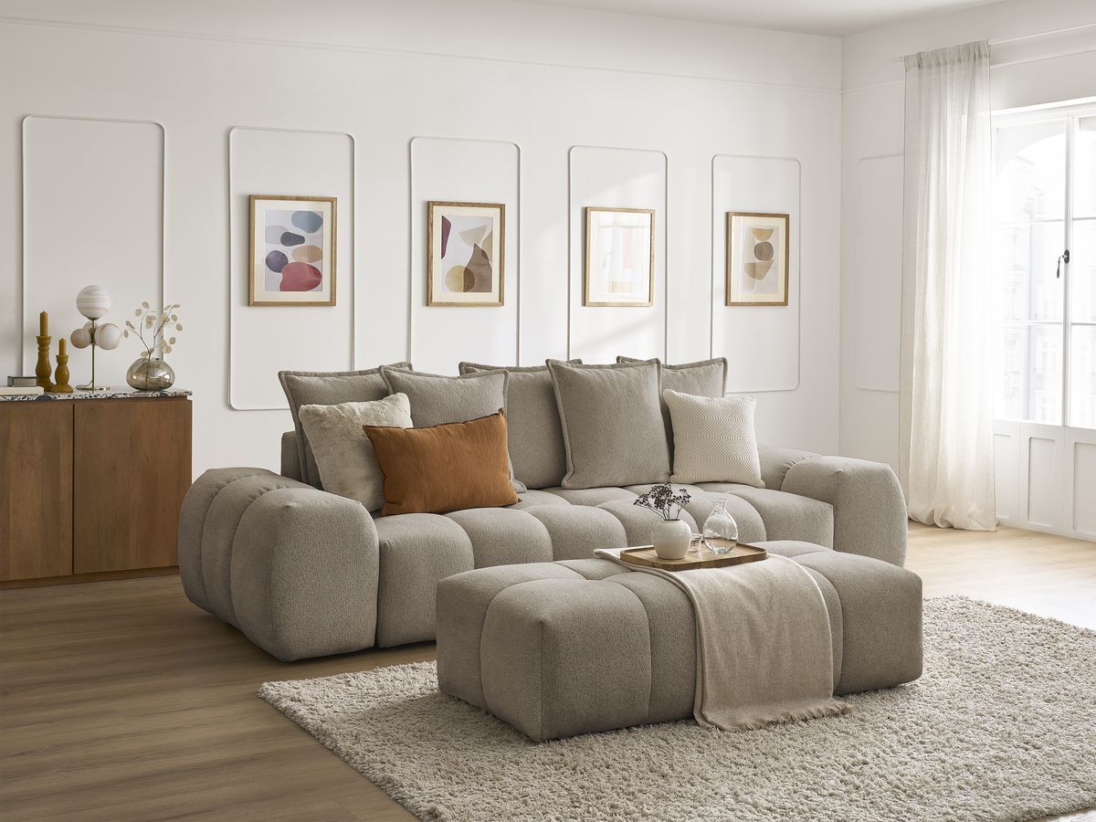 Bobochic Everest Schlafsofa 3-Sitzer mit Bettkasten und Pouf, 5 Kissen Melange-Stoff Taupe
