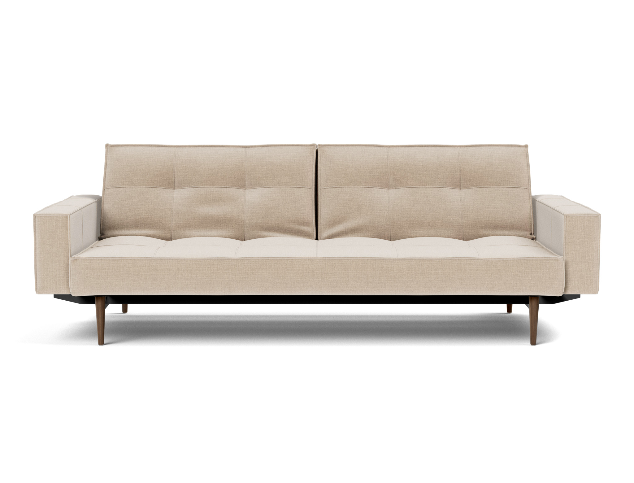 Schlafsofa Splitback mit Armlehnen Chenille Esina 410-Almond-Beige Beine Styletto Eiche dunkel