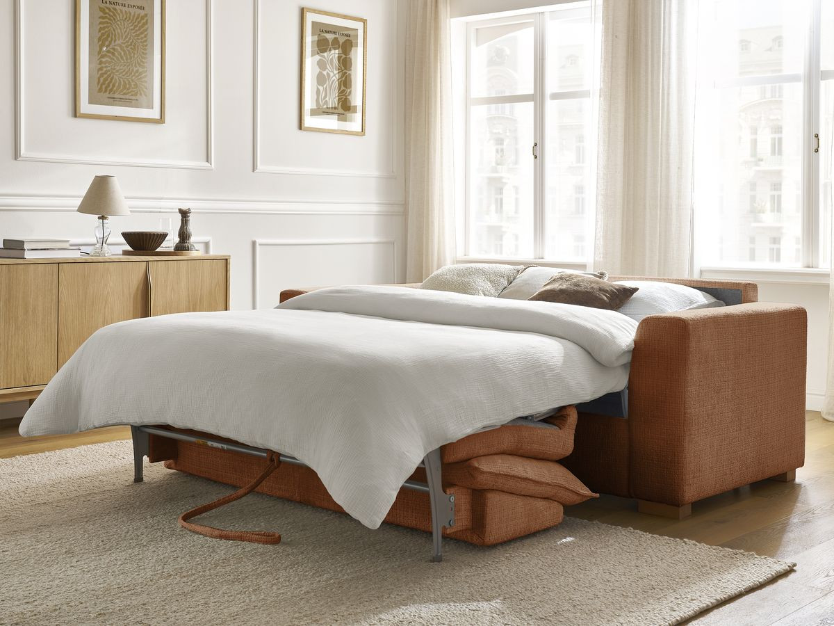 Bobochic Augustin Schlafsofa 3-Sitzer Strukturstoff Orange, Liegefläche 140 × 200 cm