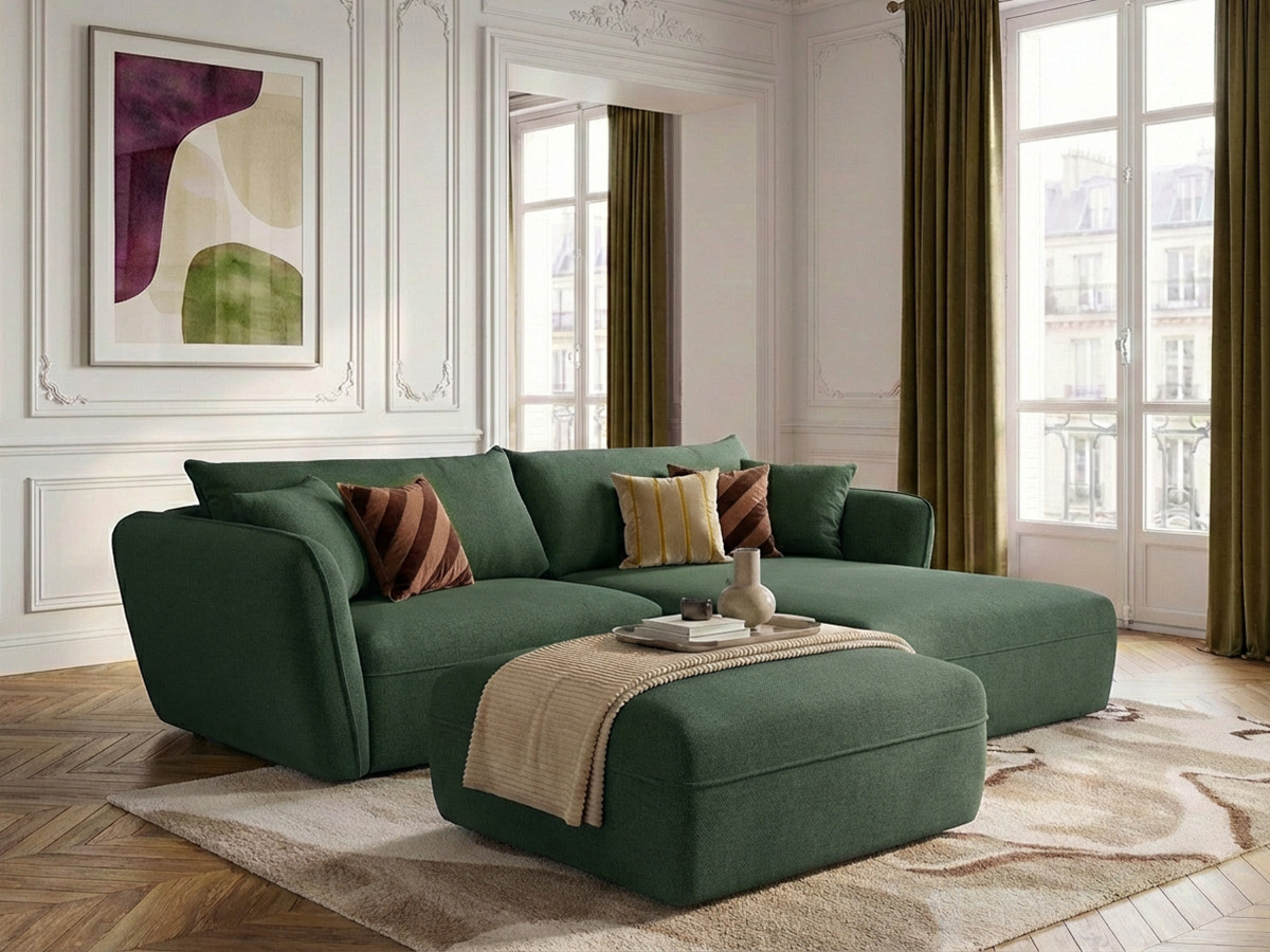 Bobochic Luigi Ecksofa mit Pouf Strukturstoff Grün Ecke rechts