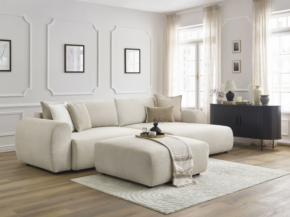 Bobochic Lucien Ecksofa mit Schlaffunktion und Bettkasten und Pouf 314 × 167 cm Stoff Beige Ecke rechts