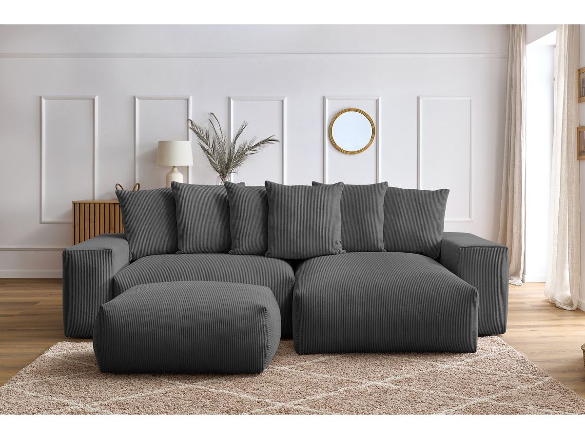 Bobochic Voltaire Ecksofa mit Schlaffunktion und Bettkasten und Pouf Cordsamt Dunkelgrau