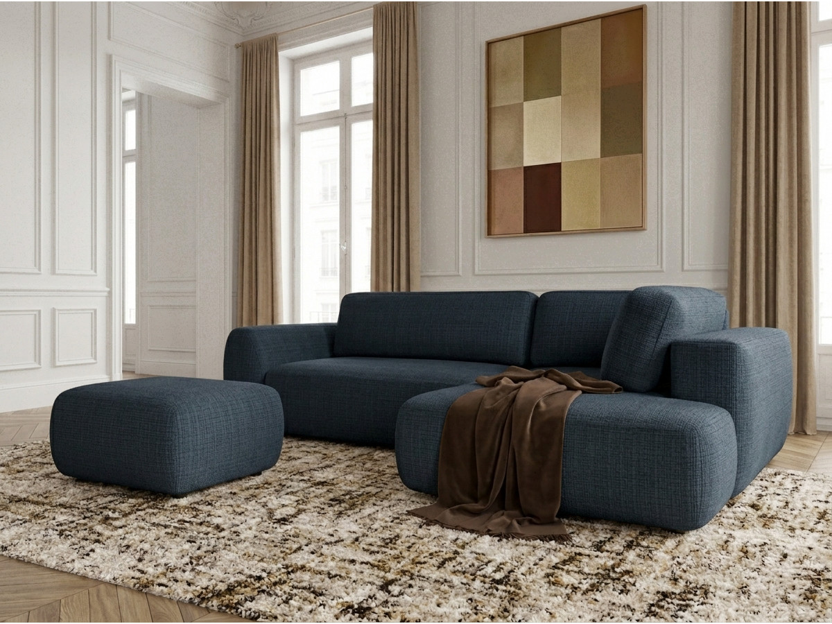Bobochic Denise Ecksofa mit Schlaffunktion und Bettkasten und Pouf 256 × 197 cm Strukturstoff Dunkelblau Ecke rechts