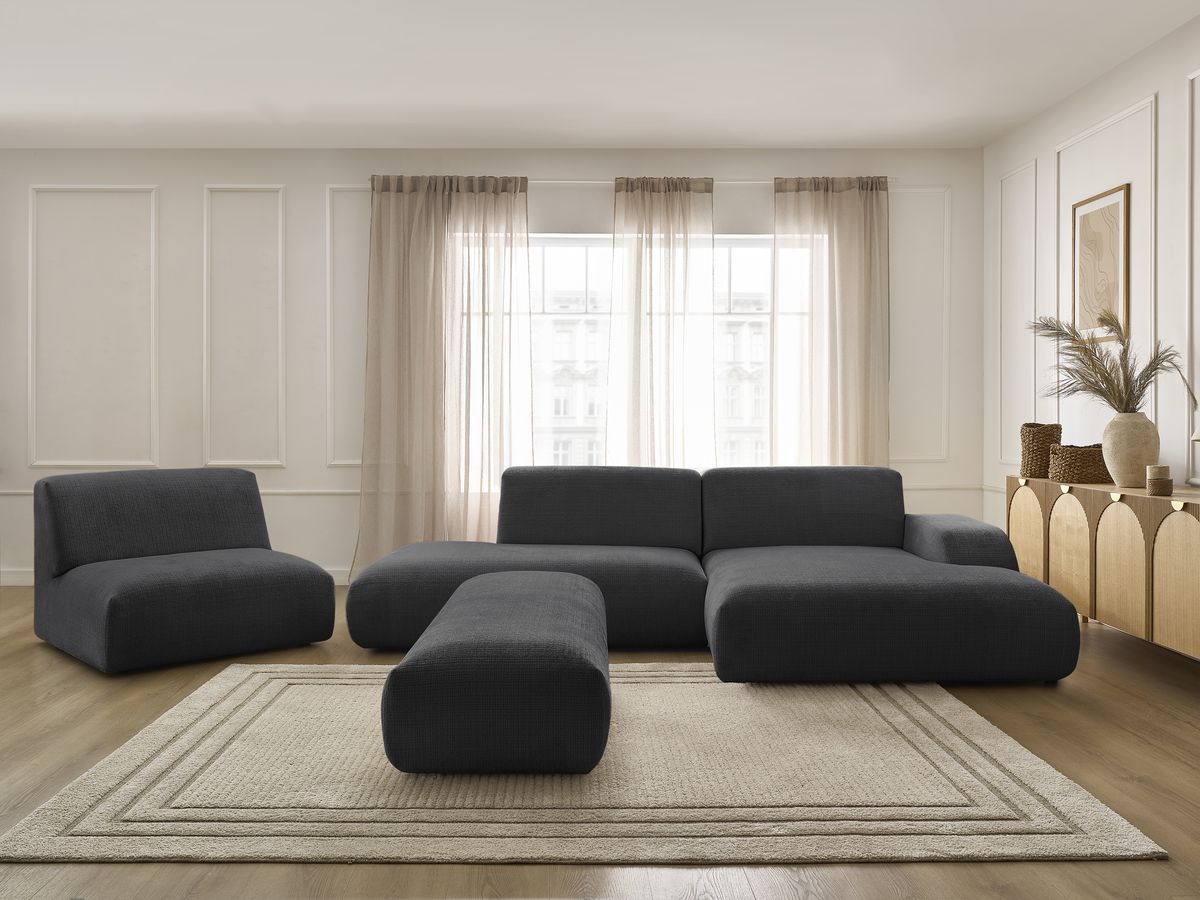 Bobochic Sirius Ecksofa mit Pouf 405 × 170 cm Strukturstoff Schwarz Ecke rechts