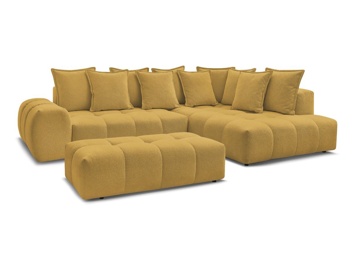 Bobochic Everest Ecksofa mit Schlaffunktion und Bettkasten und Pouf 320 × 212 cm, 10 Kissen Melange-Stoff Gelb Ecke rechts
