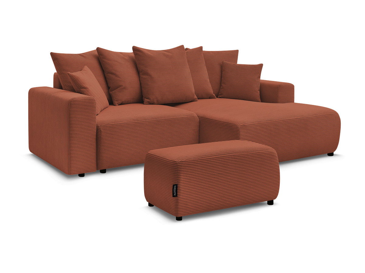 Bobochic Atilla Ecksofa mit Schlaffunktion und Bettkasten und Pouf Cordsamt Orange Ecke rechts