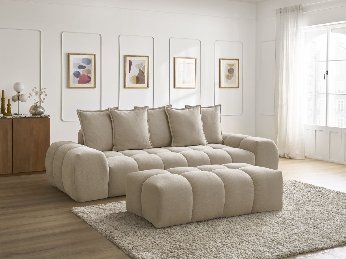 Bobochic Everest Sofa 3-Sitzer mit Pouf, 5 Kissen Strukturstoff Taupe