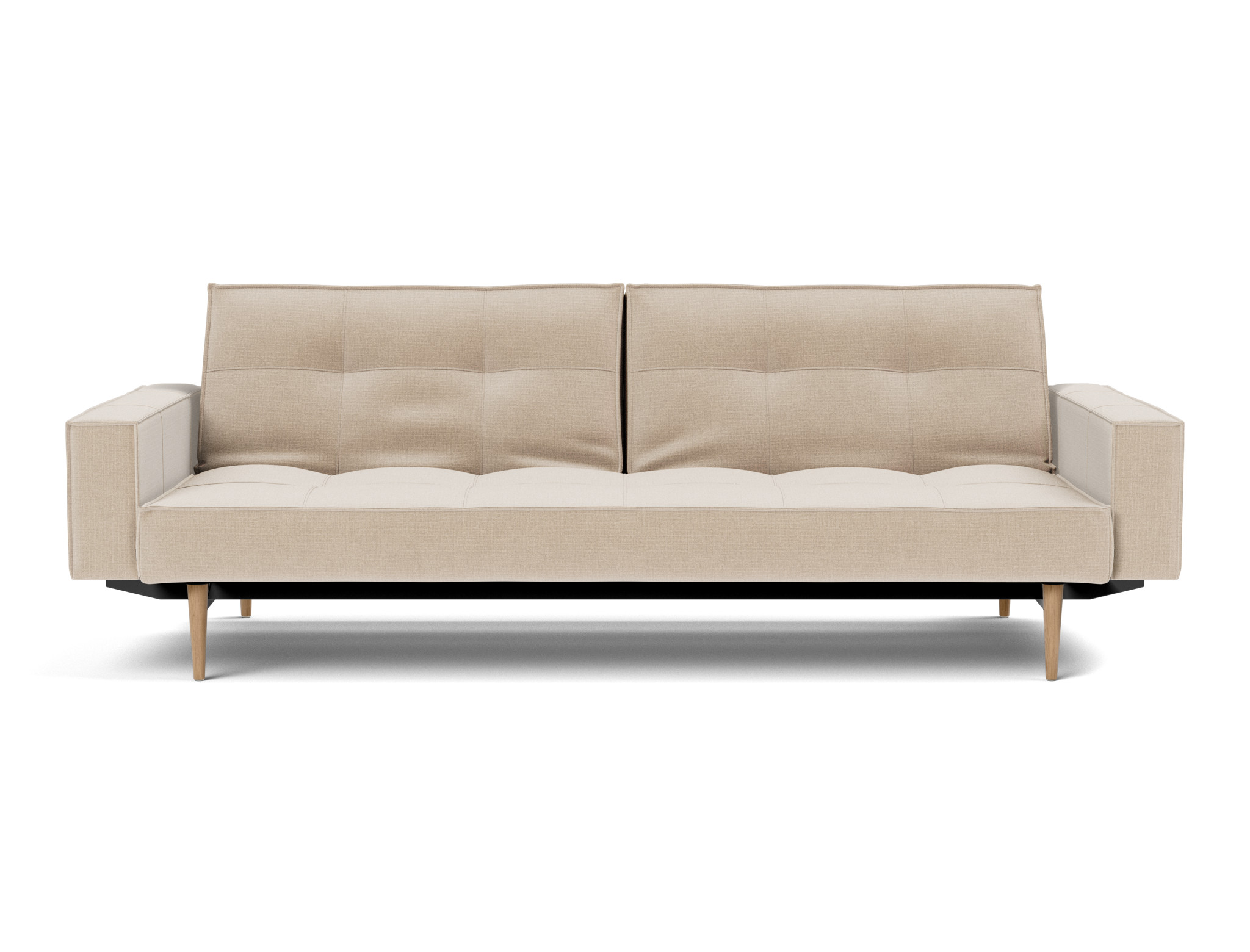 Schlafsofa Splitback mit Armlehnen Chenille Esina 410-Almond-Beige Beine Styletto Eiche hell