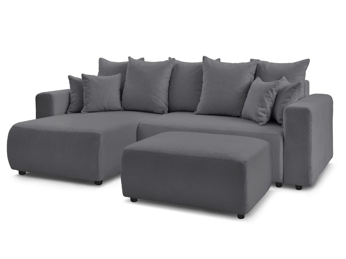 Bobochic Envy Ecksofa mit Schlaffunktion und Bettkasten und rechteckigem Pouf Bouclé-Stoff Dunkelgrau