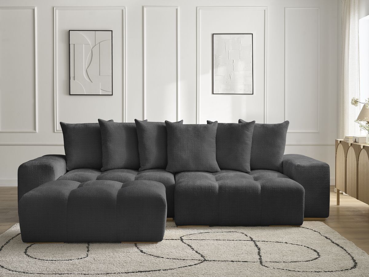 Bobochic Anakin Ecksofa mit Schlaffunktion und Bettkasten und Pouf, 6 Kissen Strukturstoff Schwarz