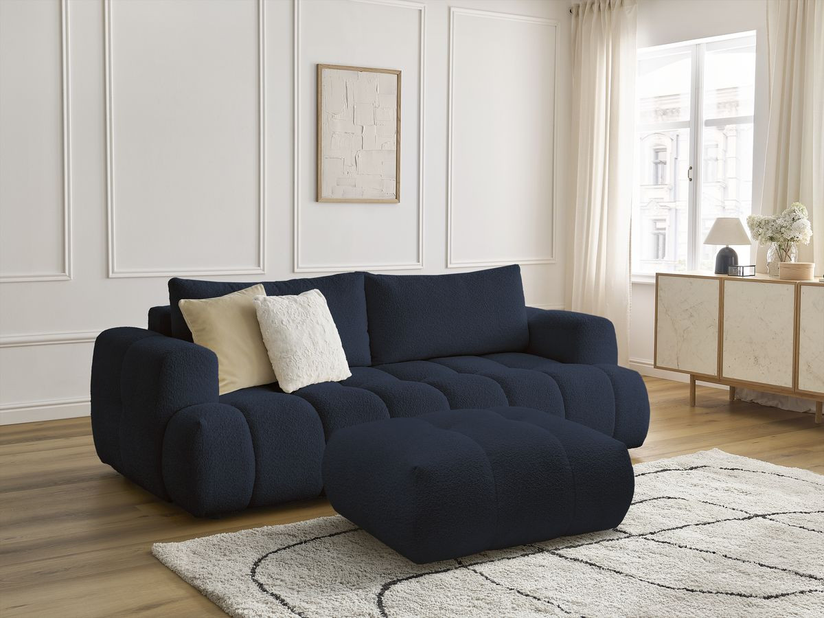 Bobochic Fuji Schlafsofa 3-Sitzer mit Bettkasten und Pouf Bouclé-Stoff Dunkelblau