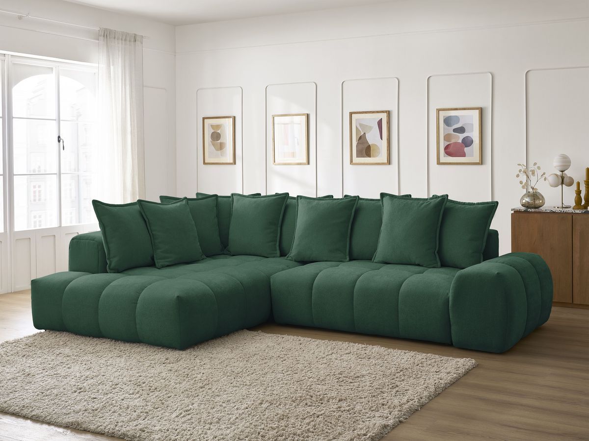 Bobochic Everest Ecksofa mit Schlaffunktion und Bettkasten 320 × 212 cm, 10 Kissen Strukturstoff Grün Ecke links