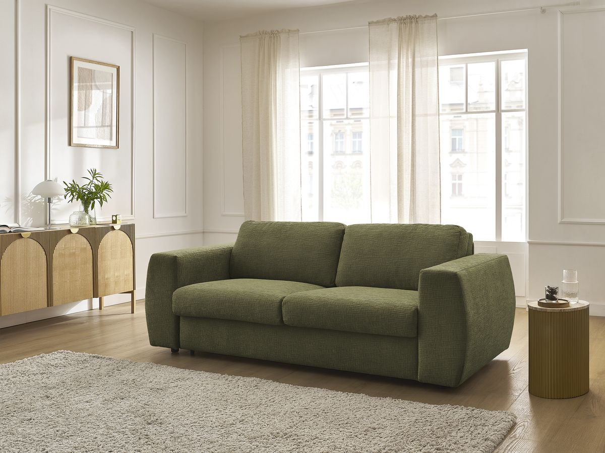 Bobochic Hugo Schlafsofa 3-Sitzer Strukturstoff Grün, Liegefläche 160 × 190 cm