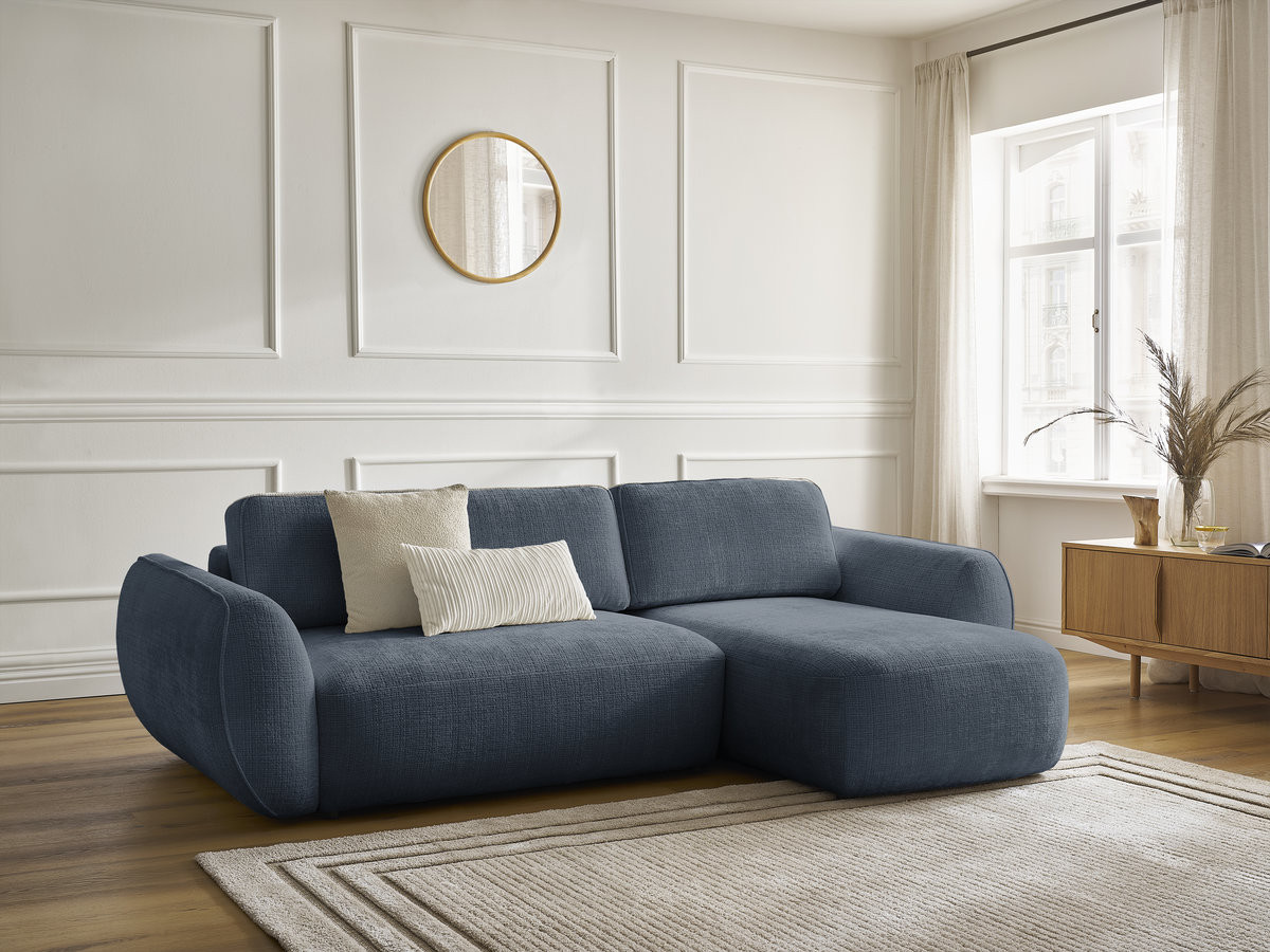 Bobochic Denise Ecksofa mit Schlaffunktion und Bettkasten 258 × 160 cm Strukturstoff Dunkelblau Ecke rechts