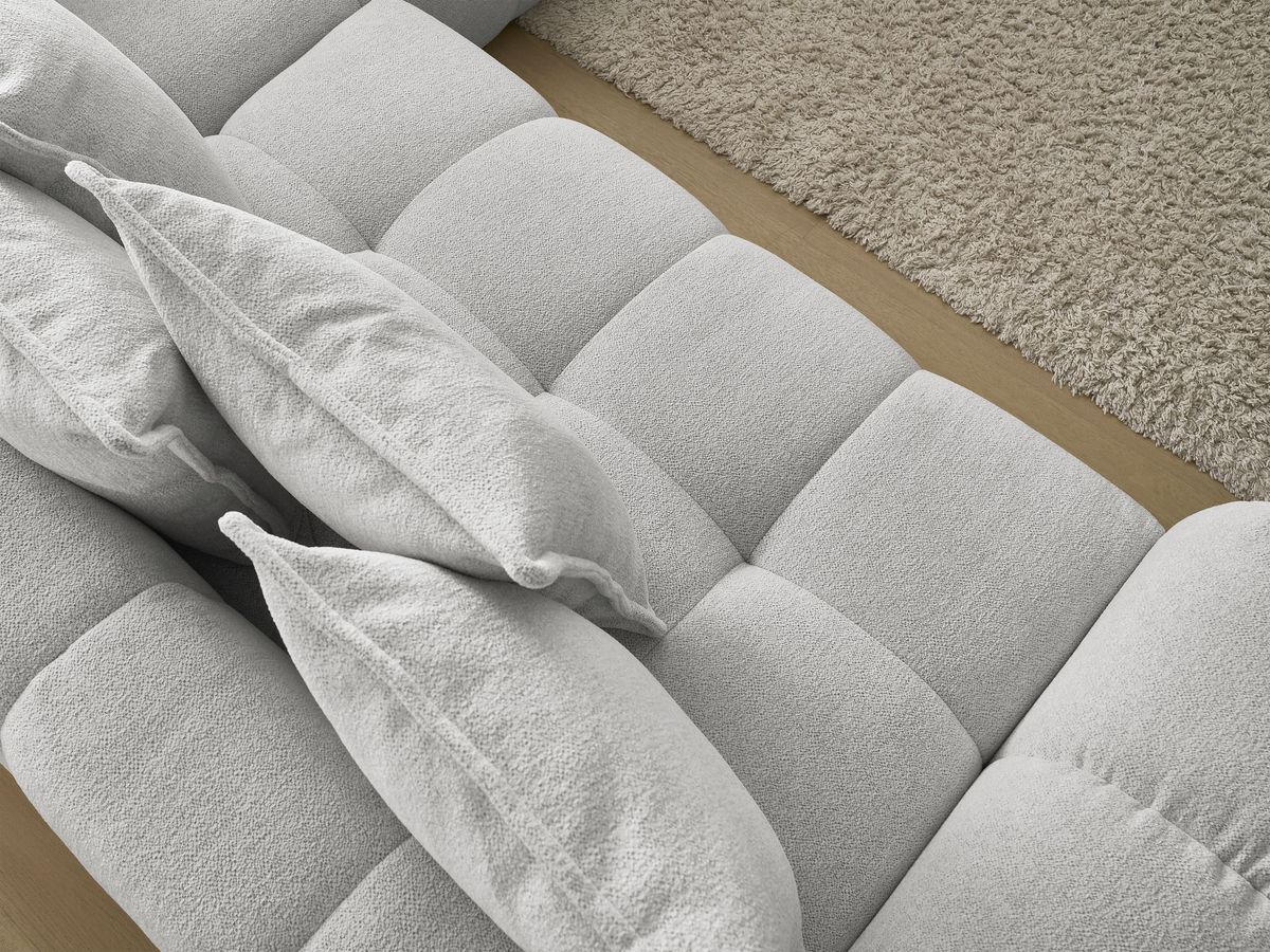 Bobochic Everest Ecksofa mit Schlaffunktion und Bettkasten 320 × 212 cm, 10 Kissen Melange-Stoff Hellgrau Ecke rechts