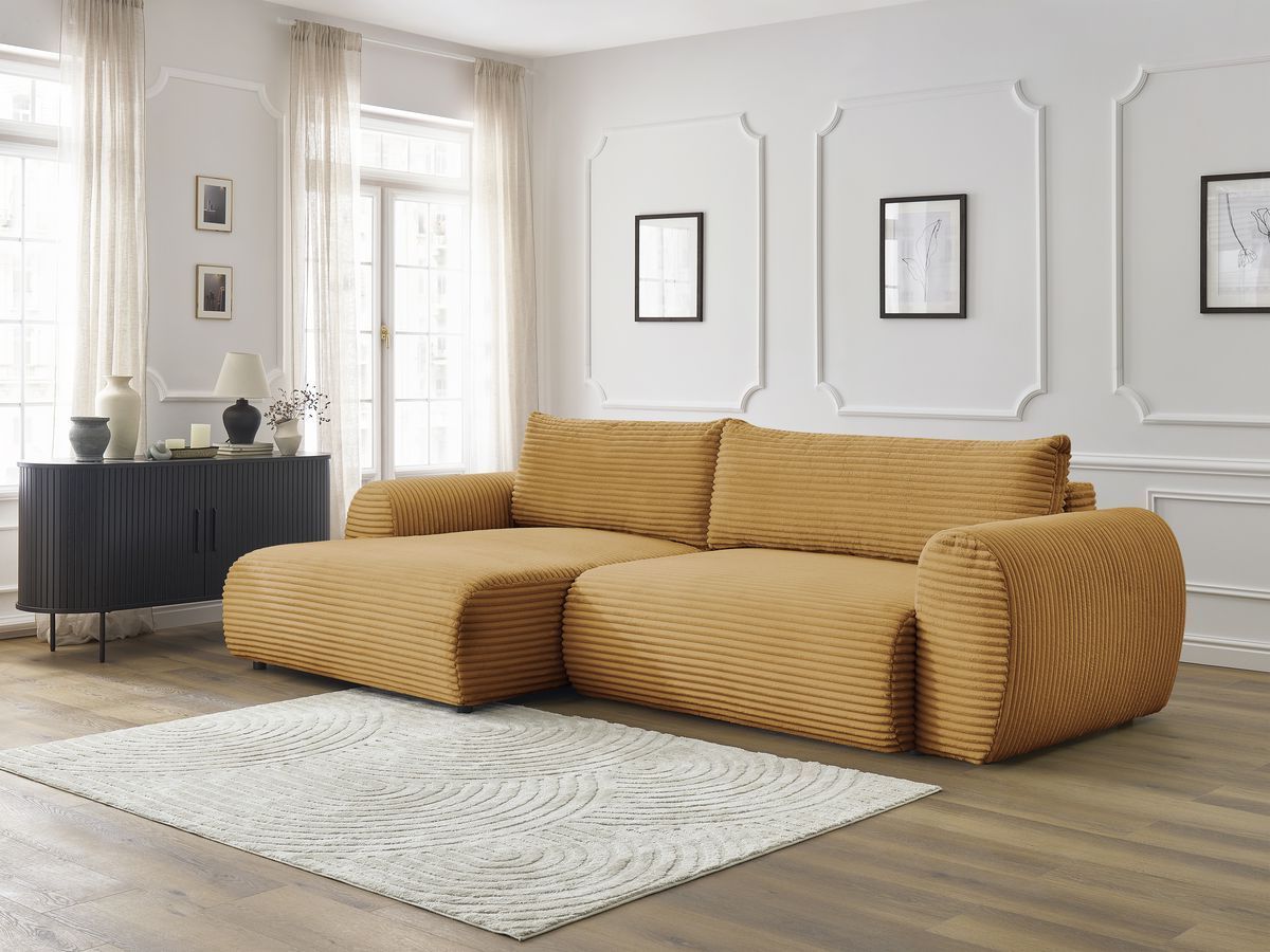 Bobochic Lucien Ecksofa mit Schlaffunktion und Bettkasten 314 × 167 cm Breitcord weich Gelb Ecke links