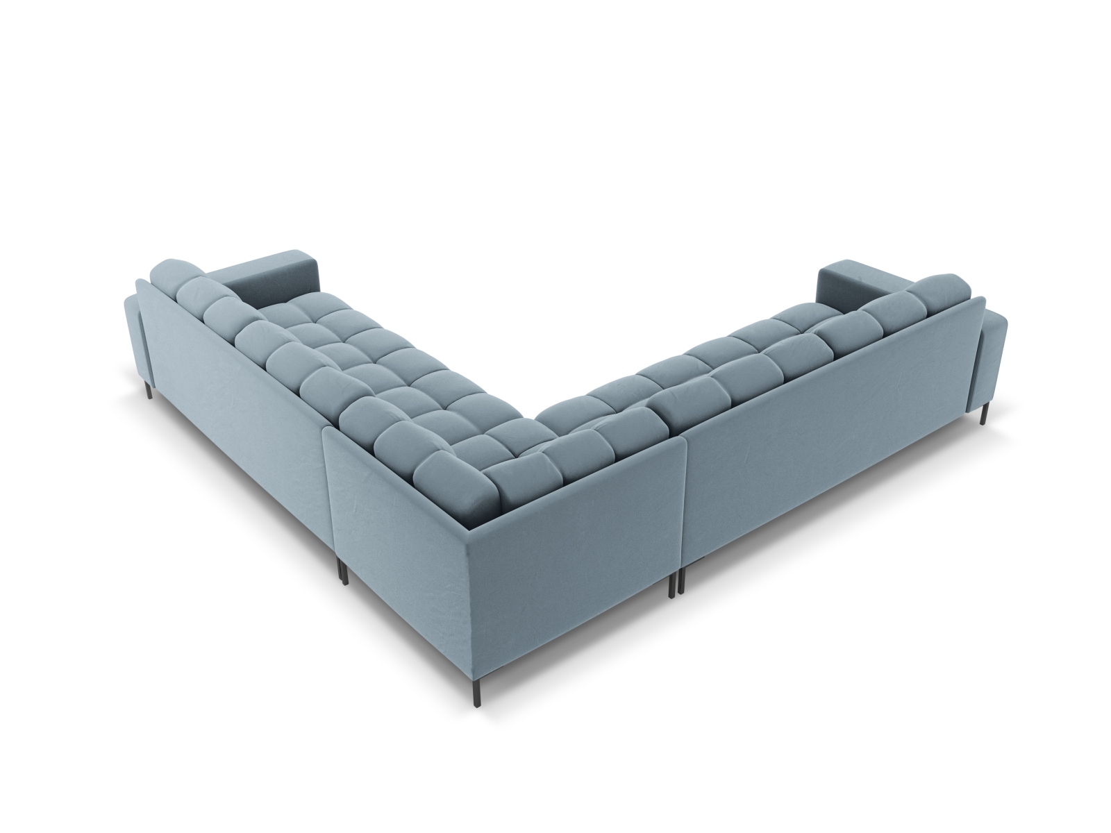 Cosmopolitan Design Symmetrisches Ecksofa Bali 6-Sitzer Samt Bluvel Hellblau Beine Schwarzes Metall