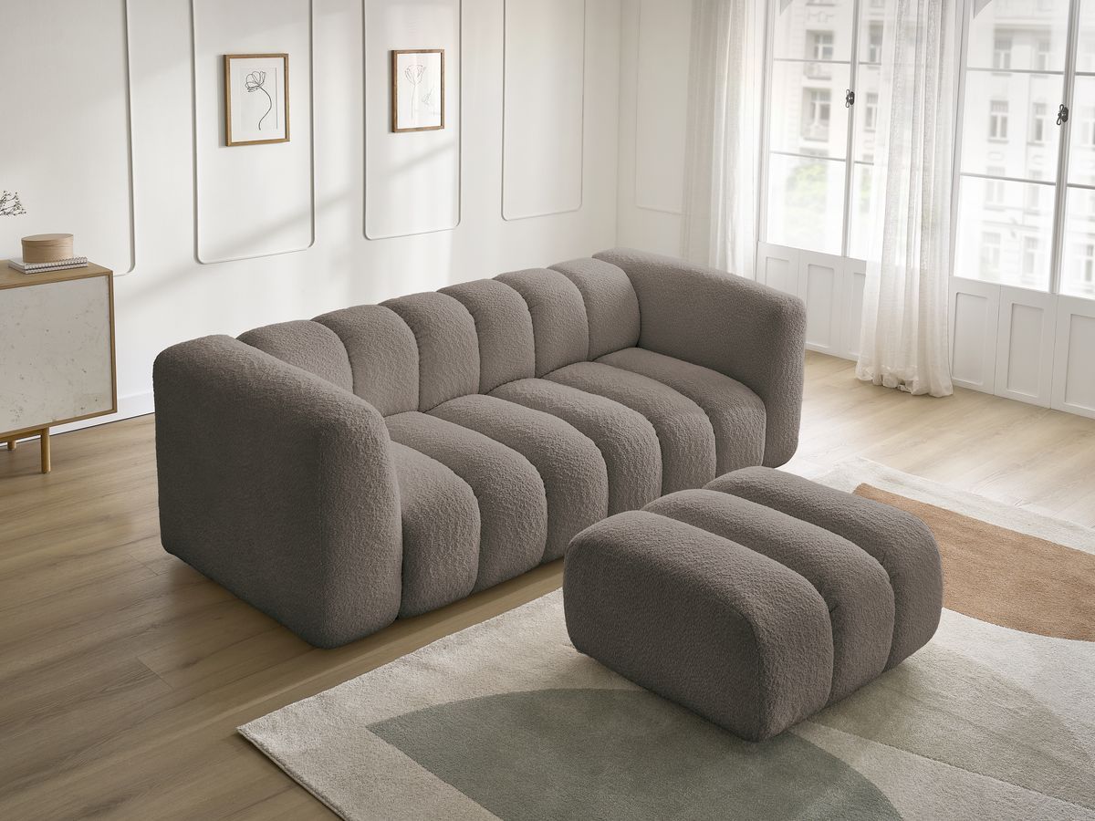 Bobochic Talia Sofa 3-Sitzer mit Pouf Bouclé-Stoff Braun