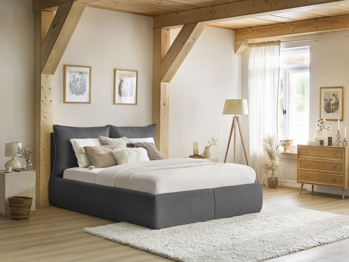 Bobochic Garance Polsterbett mit Bettkasten Bouclé-Stoff Dunkelgrau, Liegefläche 160 × 200 cm