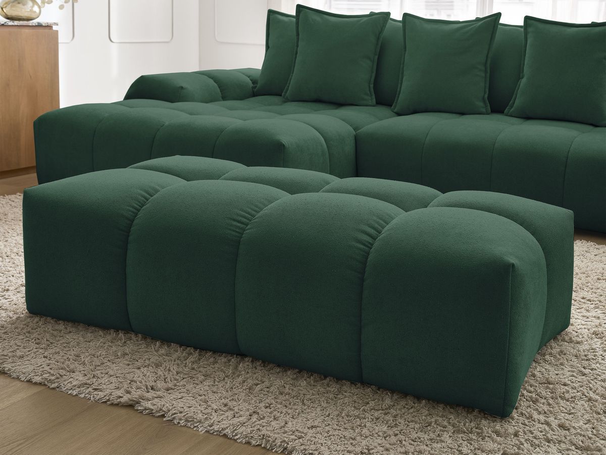 Bobochic Everest Ecksofa mit Schlaffunktion und Bettkasten und Pouf 318 × 180 cm, 7 Kissen Strukturstoff Grün Ecke links