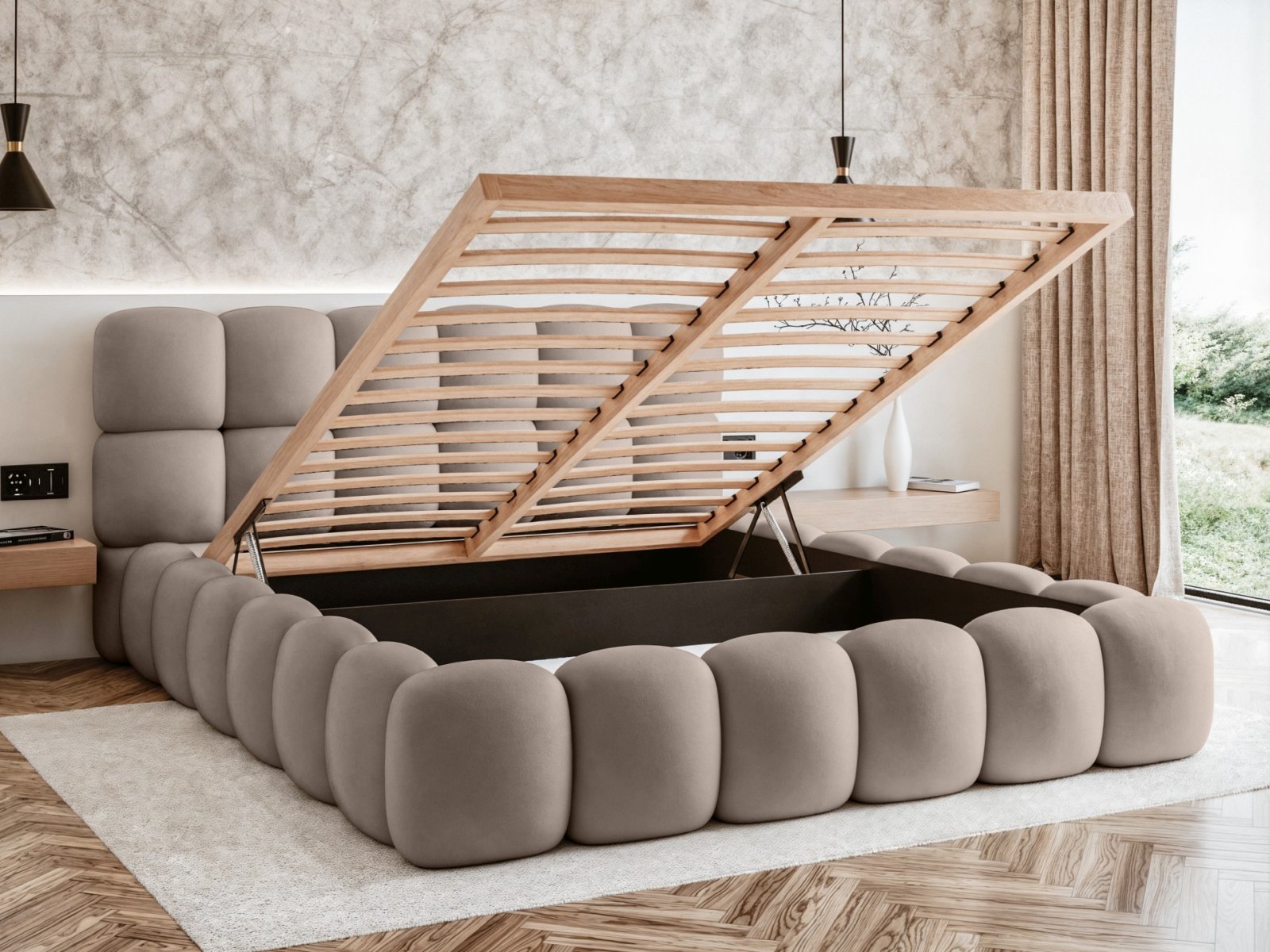 Polsterbett Vento Samtstoff 160x200 mit Holzrahmen Piano 04 Cappuccino