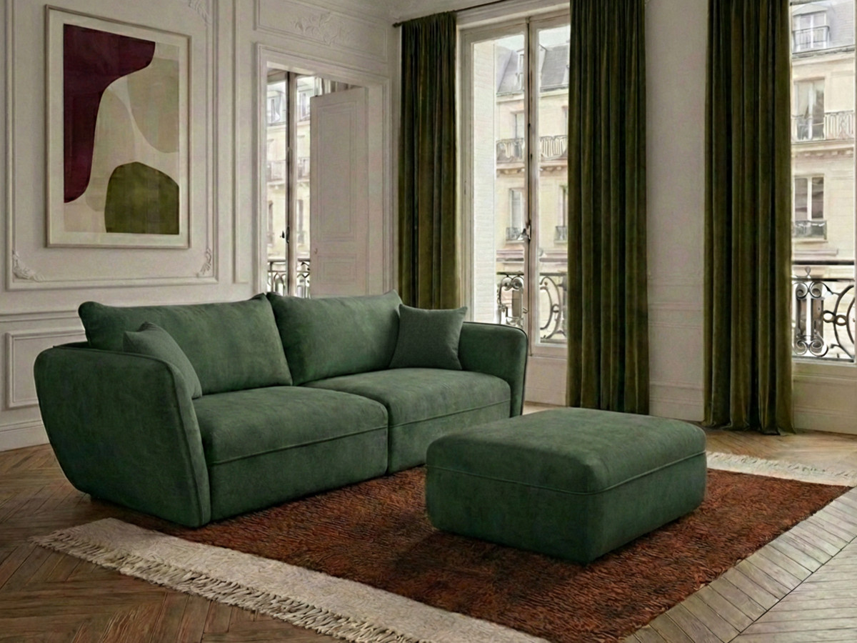 Bobochic Luigi Sofa 3-Sitzer mit Pouf Strukturstoff Grün