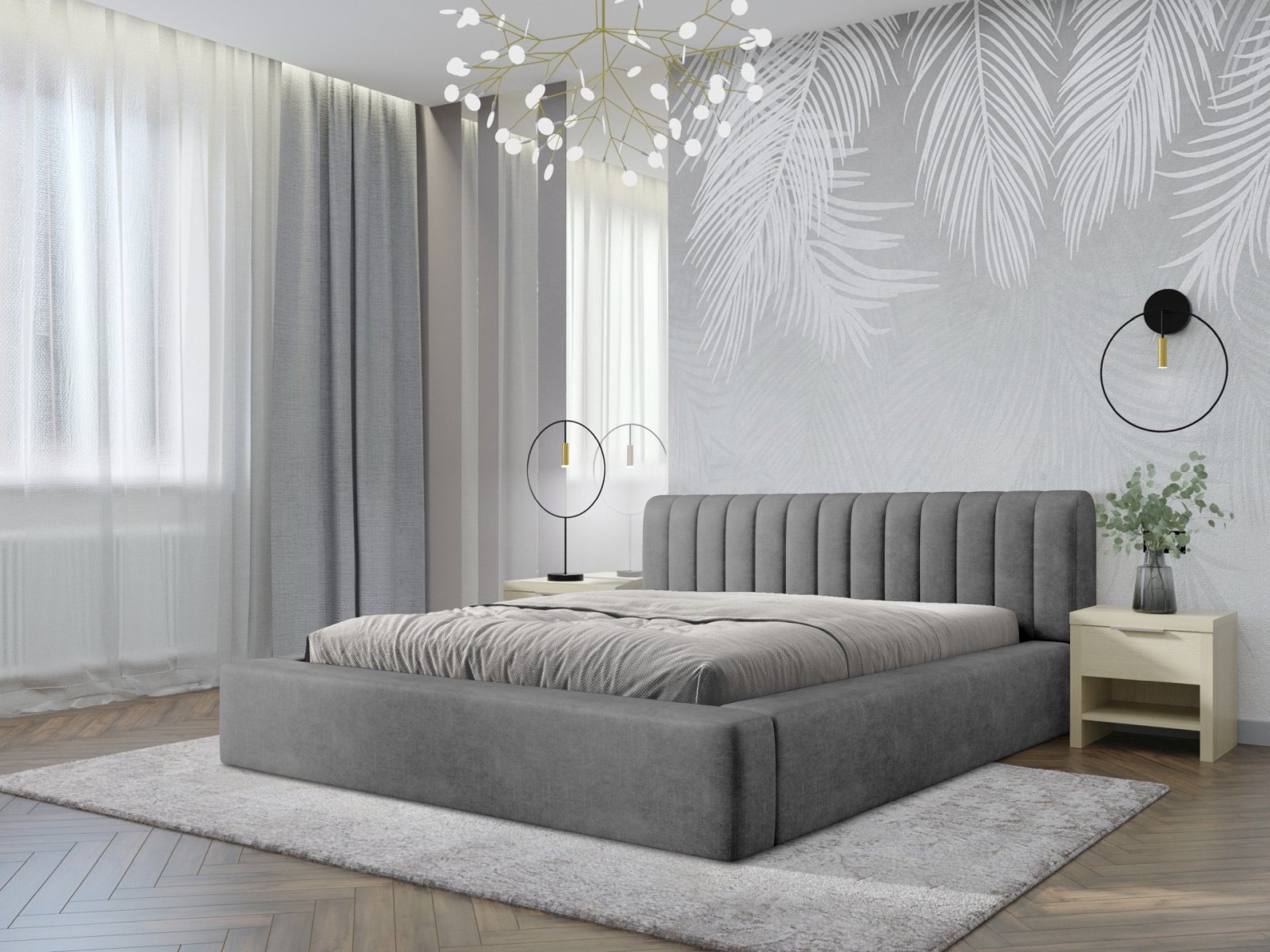 Polsterbett Faroa Samtstoff 140x200 mit Holzrahmen Macau Ash
