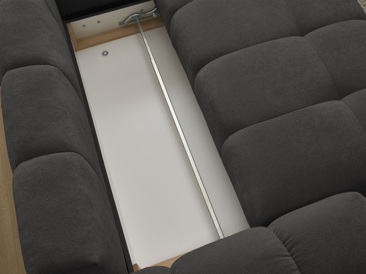 Bobochic Everest Ecksofa mit Schlaffunktion und Bettkasten 320 × 212 cm, 10 Kissen Strukturstoff Schwarz Ecke rechts