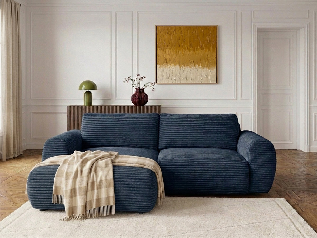 Bobochic Lucien Ecksofa mit Schlaffunktion und Bettkasten Breitcord weich Dunkelblau Ecke links
