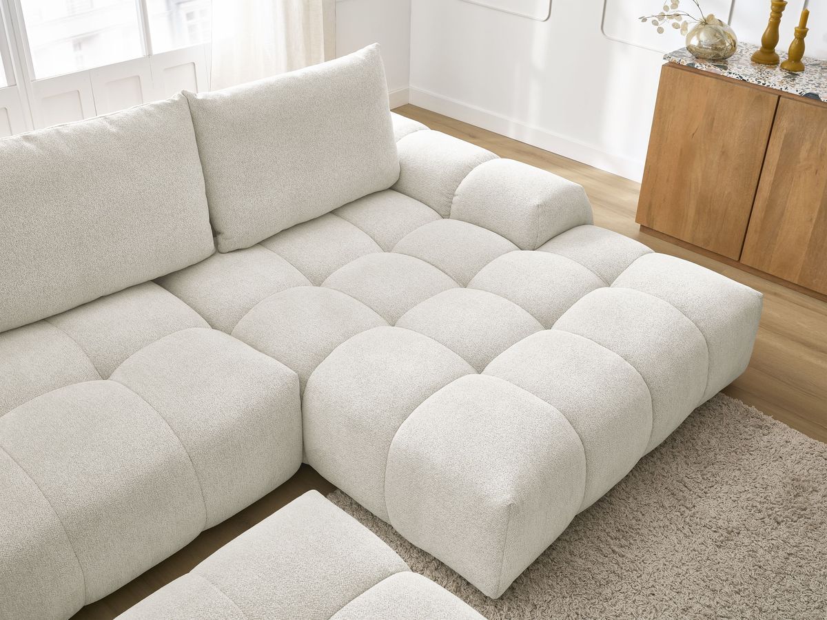 Bobochic Everest Ecksofa mit Schlaffunktion und Bettkasten und Pouf 318 × 180 cm, 3 Kissen Melange-Stoff Weiß Ecke rechts