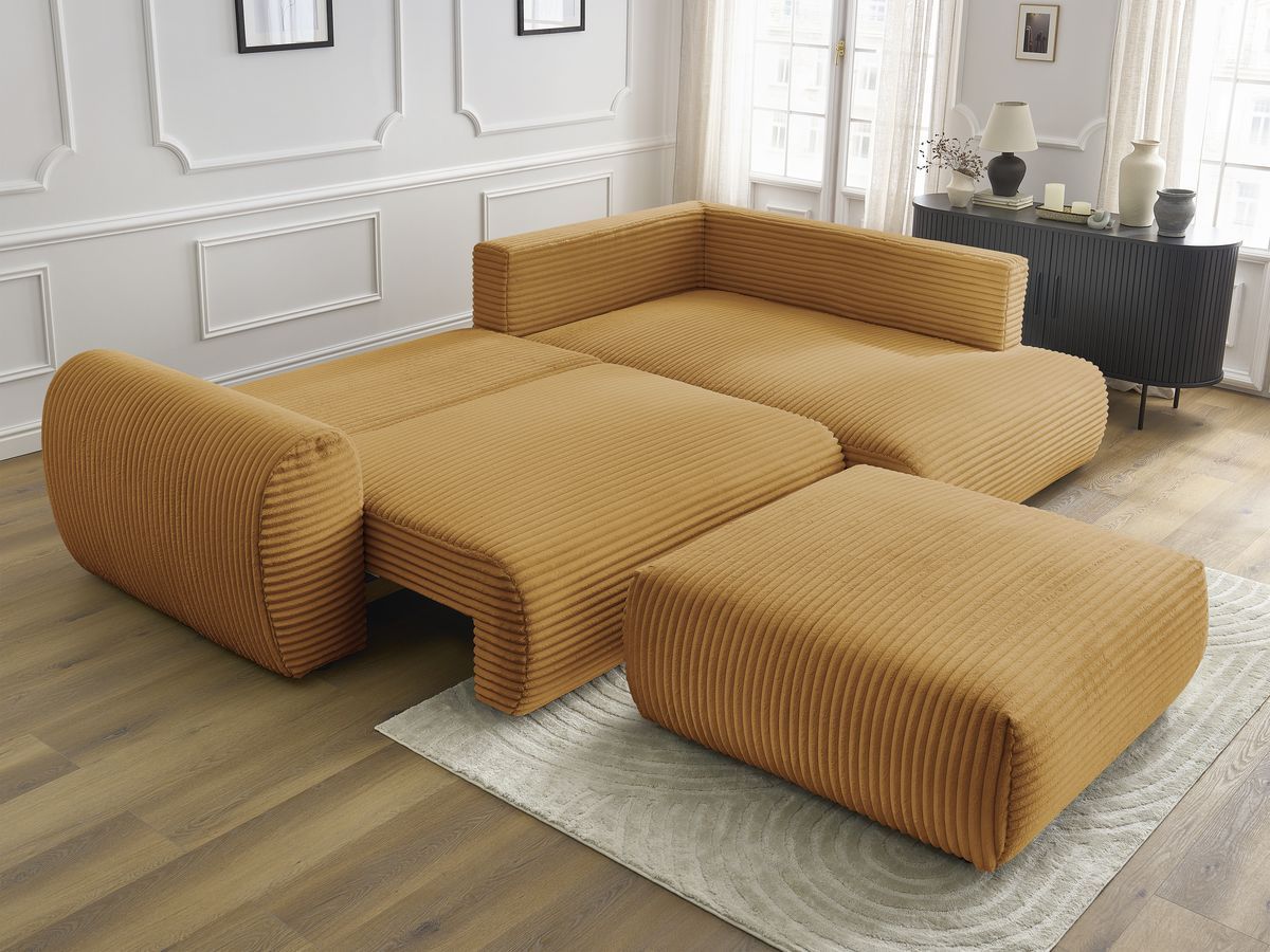 Bobochic Lucien Ecksofa mit Schlaffunktion und Bettkasten und Pouf 296 × 198 cm Breitcord weich Gelb Ecke rechts