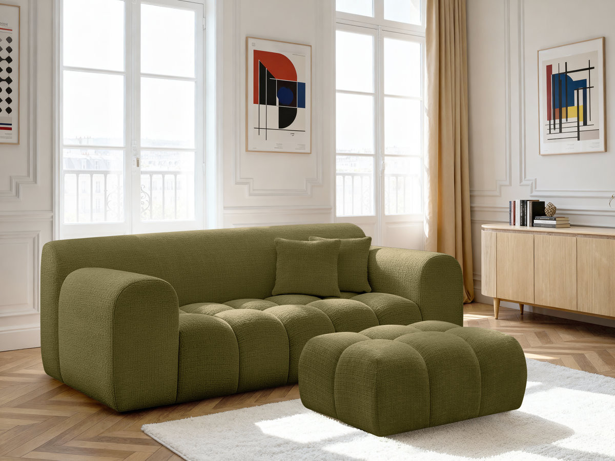 Bobochic Melisse Sofa 2-Sitzer mit Pouf Strukturstoff Grün